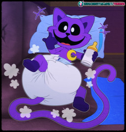 3_toes 4_fingers ambiguous_gender anthro baby_bottle beckoning bedding beverage black_border black_nose black_sclera blanket blue_blanket blue_pillow border clean_diaper clothed clothing cloud_emanata detailed_background diaper diaper_only diaper_puff emanata feet fingers fur furniture gesture gloves_(marking) holding_beverage holding_object jewelry leg_markings lying markings moon_necklace necklace on_back on_pillow on_sofa open_mouth open_smile pillow purple_body purple_fur purple_inner_ear purple_sofa purple_tail smile socks_(marking) sofa solo subscribestar_logo tail text toes topless wearing_diaper white_diaper tenerius mob_entertainment poppy_playtime smiling_critters subscribestar catnap_(poppy_playtime) domestic_cat felid feline felis mammal absurd_res full-length_portrait hi_res portrait url