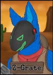 anthro badge blue_body blue_fur cactus clothing cowboy cowboy_hat cowboy_outfit electronic fur gun handgun hat headgear headwear kerchief long_ears machine male plant ranged_weapon revolver screen screen_face solo weapon wild_west samuelwolfo zgrate hybrid protogen hi_res