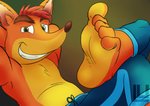 anthro barefoot clothed clothing feet foot_focus grin hair looking_at_viewer male orange_body red_hair smile solo topless topless_male lu123 activision crash_bandicoot_(series) crash_bandicoot bandicoot mammal marsupial absurd_res hi_res