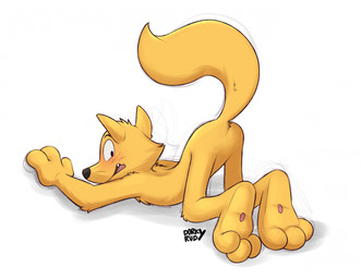 3_fingers 3_toes anthro ass_up black_nose blush blushing_profusely butt featureless_butt featureless_crotch feet fingers fur looking_at_viewer looking_back lying male nude nude_anthro nude_male null on_front pawpads paws rear_view simple_background soles solo tail text toes toony whiskers white_background yellow_body yellow_fur dorkyrudy kaiketsu_zorori zorori canid canine fox mammal artist_name hi_res signature