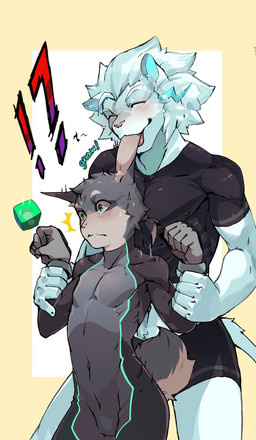 ^_^ anthro arm_grab athletic athletic_male blush bodysuit bottomwear bulge cheek_tuft clothing duo ear_nom eyes_closed facial_tuft fur gloves green_eyes grey_body grey_fur hair handwear head_tuft interrobang kemono larger_anthro larger_male male male/male mane mane_hair multicolored_body multicolored_fur muscular muscular_male musical_note musical_symbol navel nipple_outline nom onomatopoeia paw_pose pecs ponytail pose short_ponytail shorts size_difference skinsuit slim smaller_anthro smaller_male smile sound_effects standing surprised symbol tan_body tan_fur text tight_clothing tongue tongue_out tuft two_tone_body two_tone_fur white_body white_fur white_hair mawarisaka3 mawarisaka_(character) felid lagomorph leporid lion mammal pantherine rabbit hi_res
