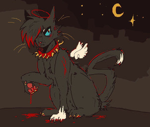black_body black_fur blood bodily_fluids city city_background collar feathered_wings feathers fur gore halo male markings moon night outside raised_arm red_collar solo standing white_markings white_wings wings lividlamb warriors_(book_series) scourge_(warriors) angel felid feline mammal digital_media_(artwork) microsoft_paint_(artwork)