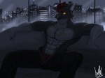 5_fingers abs amber_eyes anthro athletic biceps biped black_body black_fur black_nose bottomwear boxers_(clothing) bulge city cityscape claws clothed clothing dark fingers fur furniture glowing glowing_eyes grey_body grey_fur grin hair inside jewelry looking_at_viewer male muscular muscular_anthro necklace night pants pecs pose reclining red_clothing red_hair red_underwear sitting sky smile sofa solo spread_legs spreading topless underwear vein window yellow_eyes shtarfish canid canine canis mammal wolf 2012 dark_theme digital_media_(artwork) grey_theme hi_res signature