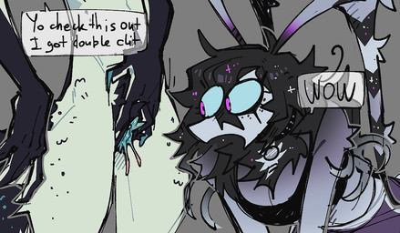 2_clitorises anthro anthro_on_anthro big_breasts biped black_body black_collar black_hair black_makeup breasts butt claws cleavage clitoris clothed clothed_anthro clothed_female clothing collar collar_tag crop_top diclitorism duo eyelashes faceless_anthro faceless_character faceless_female female female/female female_anthro freckled_butt freckled_face freckles genitals glint glistening glistening_hair grey_background grey_body hair impressed leaning leaning_forward long_clitoris long_eyelashes makeup multi_clitoris multi_genitalia nude nude_anthro nude_female open_mouth pink_eyes presenting presenting_clitoris presenting_vulva purple_body shirt shitpost shocked simple_background skinny_anthro skinny_female slim_anthro slim_female standing surprised teal_claws teal_clitoris teal_vulva text topwear touching_pussy vulva white_body wide_eyed btascandalist mammal unknown_species 2026 aliasing digital_media_(artwork) english_description english_text meme