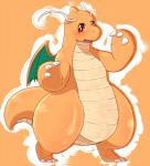 2016 ambiguous_gender antennae_(anatomy) blush claws dragonite fdokkaku feral generation_1_pokemon horn looking_at_viewer membrane_(anatomy) membranous_wings nintendo nude open_mouth orange_background orange_body orange_eyes orange_horn orange_scales pokemon pokemon_(species) scales scalie simple_background smile solo toe_claws tongue white_claws wings