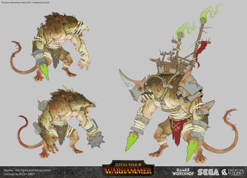 anthro armor banner bottomwear brown_body brown_fur claws clothing digitigrade fur grey_background headgear helmet loincloth male melee_weapon open_mouth pauldron rope sharp_teeth simple_background solo standing stitch_(sewing) tail tattoo teeth text weapon rich_carey total_war:_warhammer warhammer_(franchise) mammal patchwork_creature rodent skaven 2018 digital_media_(artwork) english_text hi_res official_art