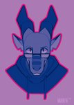 ambiguous_gender anthro blue_body blue_scales clothing countershade_face countershade_scales countershading eyewear glasses hoodie horn looking_at_viewer looking_over_glasses pink_background scales simple_background solo text topwear itswolven mythology vynn_(itswolven) dragon mythological_creature mythological_scalie scalie 2018 bust_portrait english_text portrait signature