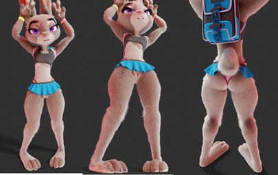 3_toes 4_fingers anthro backpack barefoot bottomwear breasts butt claws clothing eyebrows eyelashes feet female fingers flat_chested fur genitals gesture hand_gesture looking_at_viewer miniskirt multicolored_body navel navel_piercing navel_ring open_mouth paws piercing plantigrade purple_eyes pussy_floss rear_view ring_piercing shirt simple_background skirt small_breasts solo tank_top thong tight_clothing toes topwear two_tone_body underwear v_sign vulva wristband pochemu disney zootopia judy_hopps lagomorph leporid mammal rabbit 3d_(artwork) digital_media_(artwork) hi_res