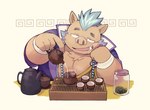 anthro beverage brown_body clothed clothing humanoid_hands kemono male overweight overweight_male solo tea kinoshita-jiroh lifewonders tokyo_afterschool_summoners ganglie_(tas) mammal suid suina sus_(pig) wild_boar 2023