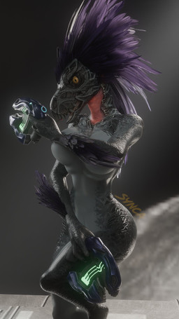 3_fingers anthro areola areola_slip arm_feathers arm_over_breasts arm_tuft armor avian_caruncle beak breasts covering covering_breasts covering_crotch covering_self dual_wielding feather_hair feathered_crest feathers female fingers grey_body grey_scales gun hand_bikini head_crest holding_gun holding_object holding_ranged_weapon holding_weapon looking_at_viewer non-mammal_breasts nude nude_anthro nude_female open_mouth penetration plasma_pistol pseudo_hair pupils purple_body purple_feathers ranged_weapon scales sharp_teeth slit_pupils teeth tuft weapon yellow_eyes synca pickle_juice_(modeler) halo_(series) microsoft xbox_game_studios sil_ver alien avian kig-yar scalie t'vaoan 3d_(artwork) 9:16 digital_media_(artwork) hi_res