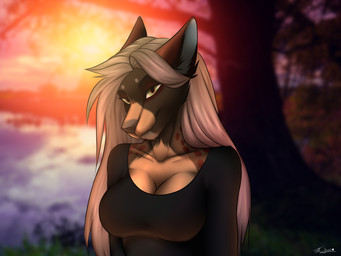 anthro blonde_hair breasts female hair heart_symbol outside plant solo spots sun tree water stervyak canid canine canis hybrid hyena mammal wolf 2022 4:3 digital_media_(artwork) hi_res signature