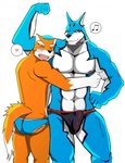 abs anthro biceps black_body black_fur black_nose blue_body blue_fur blush bottomwear briefs bulge butt clothing collar detailed_bulge duo flexing fur genital_outline heart_symbol hug male male/male muscular muscular_anthro muscular_male musical_note musical_symbol nipples orange_body orange_fur pecs penis_outline red_eyes simple_background symbol underwear vein white_background white_body white_fur bearlovestiger13 masato power_rangers power_rangers_spd super_sentai tokusou_sentai_dekaranger doggie_kruger canid canine canis domestic_dog mammal wolf digital_media_(artwork) hi_res