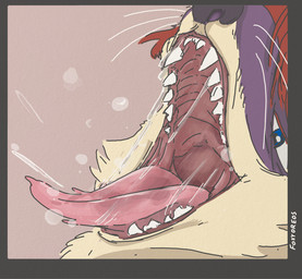 anthro biped blue_eyes bodily_fluids countershading drooling male markings mouth_shot open_mouth purple_body red_markings saliva tan_body conditional_dnp foxyoreos blitzstoat_(gyro) mammal mustelid musteline stoat true_musteline weasel hi_res