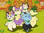 4:3 aipom annabelle_kaokao anthro blue_body blue_eyes breasts chris_"tents"_nyahm cyndaquil eyes_closed featureless_breasts generation_1_pokemon generation_2_pokemon generation_4_pokemon gesture group hi_res japan_hinomoto lazuri_al-ahjar liz_nyahm looking_at_viewer meowth nintendo one_eye_closed open_mouth pokemon pokemon_(species) pokemon_mystery_dungeon purple_body shinx softestpuffss spike_chunsoft wall_(structure)