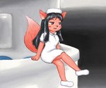 alternate_species anthro black_hair blush clothing female female_anthro footwear fur furrification hair hat headgear headwear hospital inside jitome nurse nurse_clothing nurse_hat nurse_headwear nurse_uniform orange_body orange_fur shoes sitting sitting_on_counter solo uniform white_clothing white_footwear white_shoes shinigami1919 manatsu_no_yo_no_inmu pinky_(inmu) canid canine fox mammal 2013