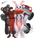 ambiguous_gender car flower group male plant ribbons rose_(flower) simple_background smile standing text vehicle white_background karuta_shiki akira_(film) shotaro_kaneda animate_inanimate bear human lagomorph leporid mammal rabbit hi_res japanese_text