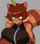 anthro big_breasts black_clothing black_topwear breasts brown_body brown_eyebrows brown_face brown_fur brown_hair brown_tail clothed clothed_anthro clothed_female clothing eyebrows eyelashes female female_anthro front_view fur green_eyes hair huge_breasts markings mouth_closed ring_(marking) ringed_tail simple_background sleeveless smile solo striped_markings striped_tail stripes tail tail_markings topwear zipper zipper_topwear dvampiresmile suki_(dvampiresmile) canid canine mammal raccoon_dog tanuki 2023 bust_portrait digital_drawing_(artwork) digital_media_(artwork) portrait