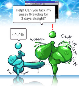 ass_clapping balls big_balls big_breasts big_butt big_penis blue_body bodily_fluids breasts butt cum dialogue duo faceless female foreskin frutiger_aero genital_fluids genitals glistening glistening_body green_body gynomorph herm huge_breasts huge_penis hyper hyper_breasts hyper_genitalia hyper_penis intersex intersex/female leaking_cum machine penis profanity sound_effects speech_bubble standing text twerking wobbling conditional_dnp girl_poss msn_messenger android humanoid robot english_text hi_res