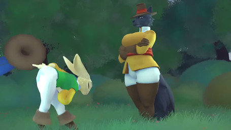anthro asphyxiation bowing capotain chokehold choking clothing duo falling_leaves female flirting flirting_look forest forest_background gloves grabbing_neck green_eyes handwear hat hat_feather headgear headwear humor loose_feather male nature nature_background pilgrim plant tree scaredy_hare buckingham_(scaredy_hare) general_hope_(scaredy_hare) canid canine canis humanoid lagomorph leporid mammal rabbit wolf 16:9 3d_(artwork) 3d_animation animated digital_media_(artwork) no_sound short_playtime video widescreen