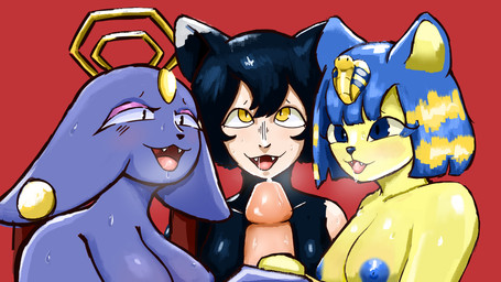 areola black_eyes black_hair black_nose blue_areola blue_body blue_eyes blue_fur blue_hair blue_nipples blue_nose dipstick_ears disembodied_penis ear_markings ear_piercing eyelashes eyeshadow fangs female first_person_view front_view fur genitals group hair halo handjob human_pov humanoid_genitalia humanoid_penis makeup male male/female male_pov markings multicolored_ears nipples nude open_mouth open_smile penile penis piercing pupils purple_eyeshadow red_background sex short_hair simple_background slit_pupils smile tan_body tan_skin teeth trio uraeus yellow_body yellow_eyes yellow_fur holemann animal_crossing delicious_in_dungeon nine_sols nintendo red_candle_games ankha_(animal_crossing) goumang_(nine_sols) izutsumi_(delicious_in_dungeon) animal_humanoid cat_humanoid domestic_cat felid felid_humanoid feline feline_humanoid felis human humanoid mammal mammal_humanoid solarian