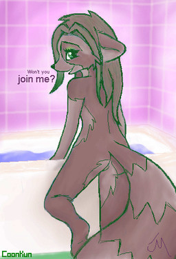 adolescent anthro bath biped butt casual_nudity dialogue female female_anthro green_eyes hair indoor_nudity inside inviting long_hair looking_at_viewer looking_back looking_back_at_viewer markings nude nude_anthro nude_female pose rear_view ring_(marking) ringed_tail seductive solo standing striped_markings striped_tail stripes tail tail_markings text water young young_anthro young_female coonkun vivian_(coonkun) mammal procyonid raccoon artist_name digital_media_(artwork) english_text full-length_portrait low_res oekaki portrait
