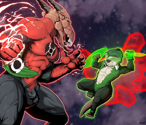 abs anthro black_bottomwear black_clothing black_horn bottomwear bulge claws clothing detailed_background duo fight fur green_clothing green_glow green_hair green_topwear green_visor hair holding_knife holding_object holding_shield horn knife looking_at_another male muscular navel otter_tail red_clothing red_glow red_lantern_ring red_topwear shield space star tan_body tan_fur teeth tongue topwear torn_clothing torn_topwear pandottermon green_lantern_(series) red_lantern skallox toma mammal mustelid otter unknown_species 2026 colored dated hi_res signature