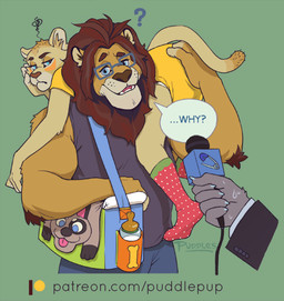 5_fingers ageplay angry anthro baby_bottle biped blue_eyes blush bodily_fluids brown_mane carrying_another clothed clothing confusion dialogue diaper diaper_bag diaper_under_clothing diaper_under_onesie duo_focus electronics embarrassed eyewear fingers footwear fur glasses green_background group infantilism interview male mane microphone onesie question_mark roleplay shaved_head simple_background socks speech_bubble sweat text trio wearing_diaper puddlepup junior_(puddlepup) liondad_(puddlepup) felid lion mammal pantherine 2019 digital_media_(artwork) english_text low_res signature url father_(lore) father_and_child_(lore) father_and_son_(lore) parent_(lore) parent_and_child_(lore) parent_and_son_(lore) son_(lore)