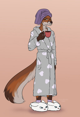 anthro bathrobe bunny_slippers clothing container cup female footwear mug robe socks solo towel towel_on_head ovcharka canid canine fox mammal hi_res