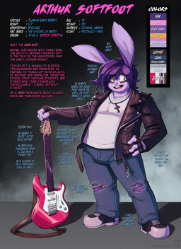 bottomwear clothing color_swatch cross cross_necklace denim denim_bottomwear denim_clothing electric_guitar guitar hair jacket jeans jewelry makeup male musical_instrument necklace overweight pants plucked_string_instrument purple_body purple_hair solo string_instrument topwear naughtyjester fender_musical_instruments_corporation stratocaster arthur_(lapinbeau) domestic_rabbit flemish_giant lagomorph leporid mammal oryctolagus rabbit hi_res model_sheet