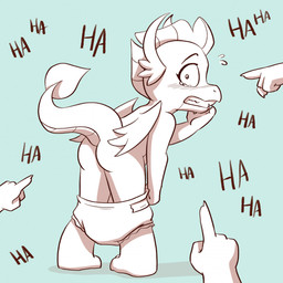 bent_over blush bodily_fluids butt diaper diaper_pull disembodied_hand embarrassed female gesture group hand_gesture laugh looking_at_viewer nude pointing raised_tail solo_focus tail tears text young chaoskomori friendship_is_magic hasbro my_little_pony mythology smolder_(mlp) dragon mythological_creature mythological_scalie scalie 1:1 english_text hi_res