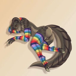anthro arm_warmers armwear balls brown_body brown_scales butt claws clothing fangs femboy finger_claws genitals horn legwear looking_at_viewer lying male multicolored_clothing multicolored_legwear multicolored_stockings pupils rainbow_clothing rainbow_legwear rainbow_stockings red_eyes scales simple_background slit_pupils solo stockings tail teeth thick_tail thick_thighs thigh_highs toe_claws mr_jager fallout microsoft ashe_colter deathclaw reptile scalie 1:1 hi_res