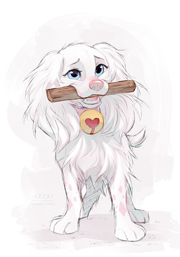 bell bell_collar collar collar_only eyelashes female feral fur looking_away markings nude object_in_mouth open_mouth pink_collar pink_markings pink_nose simple_background solo standing stick stick_in_mouth tail teeth white_body white_fur azzai bird_dog canid canine canis domestic_dog hunting_dog mammal spaniel 2023 colored colored_sketch digital_drawing_(artwork) digital_media_(artwork) shaded sketch