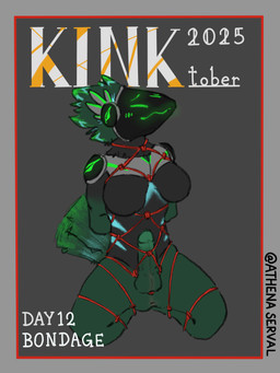 anthro anus balls bdsm blue_markings blush bondage bound breasts circumcised eyes_closed featureless_breasts genitals green_balls green_markings green_penis grey_background grey_body gynomorph harness humanoid_genitalia humanoid_penis intersex kneeling machine markings multicolored_body penis restraints rope rope_bondage rope_harness shy_smile simple_background smile solo striped_body striped_markings stripes text athenaserval kinktober kinktober_2025 avian bird protogen 2025 3:4 english_text hi_res signature nonbinary_(lore)