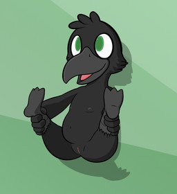 against_surface against_wall anthro beak black_body black_feathers chibi extended_arms extended_legs facial_tuft feathers female genitals green_background green_eyes grey_scutes hands_on_ankles hands_on_legs hands_on_own_ankles hands_on_own_legs happy holding_both_ankles holding_both_legs leaning leaning_backward legs_up looking_up monotone_body monotone_feathers nipples non-mammal_nipples open_beak open_mouth plantigrade presenting presenting_vulva scutes simple_background sitting smile solo spread_arms spread_legs spreading tuft vulva wide_legged_boat_pose young young_anthro hal_(artist) mia_(hal) avian bird corvid corvus_(genus) crow oscine passerine hi_res