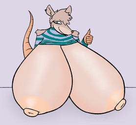 anthro big_breasts breasts ear_piercing female freckled_face freckles gesture glistening glistening_breasts hand_gesture huge_breasts hyper hyper_breasts piercing shirt_pulled_up solo thumbs_up shukk gary_foy_(shukk) mammal rodent hi_res