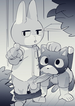 anthro balls bodily_fluids bottomwear bottomwear_down clothed clothing duo erection genitals gesture hand_gesture humanoid_genitalia humanoid_penis male male/male on_ground open_mouth oral pants pants_down partially_clothed penis pointing shirt sweat topwear masshiro working_buddies! rufuta_hachitani uwaharu_nezazono domestic_cat felid feline felis lagomorph leporid mammal rabbit hi_res