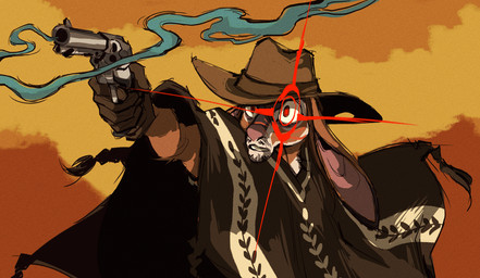anthro beard clothed clothing cowboy cowboy_hat facial_hair facial_scar fingers floppy_ears gloves gun handgun handwear hat headgear headwear long_ears male mustache outside poncho ranged_weapon red_eyes revolver scar scars_all_over smoke smoking_gun solo weapon western wild_west tuherrus sage_(tuherrus) hare lagomorph leporid mammal hi_res