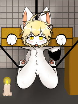 anthro blonde_hair bodily_fluids bound candle chain chained fur hair imprisoned kemono legs_tied male nude scared shaking shota shy solo tears tongue tongue_out white_body white_fur yellow_eyes young young_anthro young_male kemonoyao canid canine fox mammal 3:4 hi_res