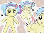 big_eyes blue_eyes blush breasts clothing dress female genitals happy legwear letter not_furry nude purple_background pussy running simple_background solo stockings toony unknown_artist tamagotchi humanoid kiraritchi 4:3