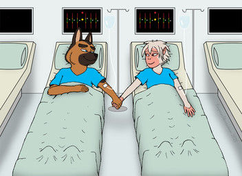 5_fingers anthro anthro_on_anthro bed breasts brown_body brown_fur clothed clothed_anthro clothed_female clothed_male clothing duo female fingers fur furniture hair hand_holding humanoid_hands iv_bag iv_line lying male male/female medical_bed on_back topwear white_body white_fur white_hair emperorstarscream nintendo star_fox fan_character lilith_macaco pete_shepherd canid canine canis domestic_dog german_shepherd haplorhine herding_dog mammal monkey pastoral_dog primate 11:8 story story_in_description