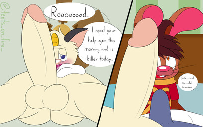 3_toes 4_fingers admiring anthro balls big_penis blush blush_lines butt cartoon_gloves close-up dialogue duo erection erection_under_blanket feet fingers genital_close-up genital_focus genitals glans humanoid_genitalia humanoid_penis looming looming_over looming_penis male male/male penis penis_close-up penis_focus pink_tongue red_tongue sack text toes tongue toony tentsonfire nintendo pokemon meowth_tents(tentsonfire) roderick_(tamerkoh) tents_(tentsonfire) toon_meowth_tents_(tentsonfire) generation_1_pokemon lagomorph leporid mammal meowth pokemon_(species) rabbit comic english_text hi_res