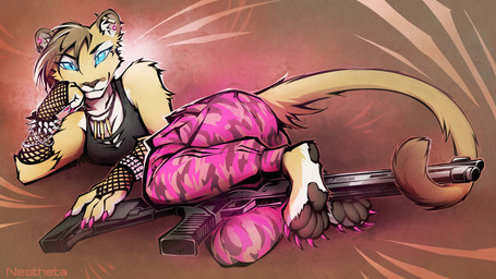 4_toes anthro barefoot biped black_pawpads bottomwear breasts butt claws clothed clothed_anthro clothed_female clothing countershade_feet countershade_torso countershading feet female finger_claws fingers fully_clothed fully_clothed_female fur gun hair looking_at_viewer lying on_side pawpads paws ranged_weapon simple_background smile soles solo tail toe_claws toes topwear weapon neotheta cougar felid feline mammal 16:9 2026 digital_drawing_(artwork) digital_media_(artwork) hi_res widescreen