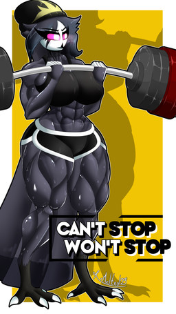 4_toes abs anthro beanie big_breasts big_muscles bodily_fluids breasts clothed clothing exercise feet female fingers hair hat headgear headwear huge_breasts huge_muscles huge_thighs muscular muscular_anthro muscular_female muscular_thighs pink_sclera small_waist solo sweat text thick_thighs toes weightlifting wide_hips workout mrmelted hellaverse helluva_boss octavia_(helluva_boss) avian avian_demon bird owl owl_demon 2023 9:16 absurd_res english_text hi_res