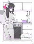 2015 aggie anthro appliance apron apron_only arctic_fox black_hair blush breasts butt canid canine clothed clothing comic dialogue digital_media_(artwork) english_text female fox fur grey_body grey_fur hair hi_res inside kitchen kitchen_appliance mammal mostly_nude oven purple_eyes side_boob solo text true_fox zyira