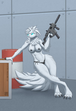 anthro areola big_breasts breasts clothed clothing female glowing glowing_eyes gun inside kriss_vector leaning_on_object panties qr_code ranged_weapon skimpy solo submachine_gun thick_thighs underwear weapon testowepiwko gunsaw scav_prototype gunsawian milky_(gunsaw) hi_res