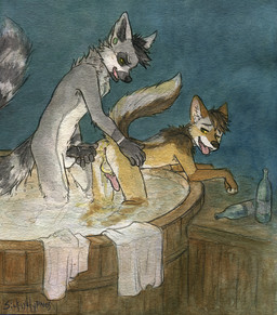 after_sex animal_genitalia animal_penis anthro anthro_on_anthro anus armpit_hair backsack balls bent_over bodily_fluids body_hair butt canine_genitalia canine_penis cum cum_in_ass cum_inside dripping duo erection from_behind_position genital_fluids genitals hot_tub leaking looking_back looking_pleasured male male/male male_peeing partially_submerged peeing peeing_into_pool peeing_into_water penis perineum presenting presenting_hindquarters pull_out raised_tail sex simple_background standing tail tongue tongue_out urine urine_in_ass urine_stream water watersports wet sicklyhypnos canid canine canis jackal lemur mammal primate ring-tailed_lemur strepsirrhine painting_(artwork) traditional_media_(artwork) traditional_painting_(artwork) traditional_watercolor_(artwork) watercolor_(artwork)