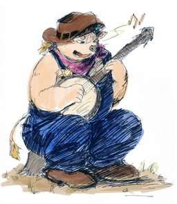 anthro banjo_(instrument) clothing cowboy_hat hat headgear headwear kemono male musical_instrument overalls plucked_string_instrument sitting solo string_instrument young aotadobukitch lifewonders tokyo_afterschool_summoners babe_bunyan_(tas) bovid bovine cattle mammal 2023 hi_res