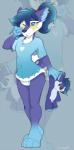 4_fingers anthro blue_eyes blue_hair clothed clothing diaper female fingers flat_chested fur hair heart_symbol one_eye_closed plushie shirt solo standing tired topwear wearing_diaper mistydash kela_(chuckybb) canid canine canis mammal wolf 2019 hi_res