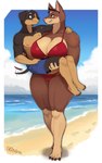 anthro beach big_breasts bikini bikini_bottom bikini_top breasts bridal_carry brown_body brown_fur carrying_another clothing duo female fur huge_breasts husband_and_wife larger_female looking_at_another male male/female married_couple muscular muscular_female scar size_difference smaller_male swimming_trunks swimwear two-piece_swimsuit wide_hips 00niine daniel_porter tracy_porter canid canine canis dobermann domestic_dog mammal pinscher absurd_res hi_res