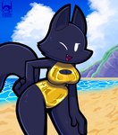 anthro apid_(chonzo) beach black_body black_fur blush bodily_fluids breasts canid canine chonzo cleavage_cutout clothing cloud cutout day detailed_background digital_drawing_(artwork) digital_media_(artwork) female fox front_view fur gold_clothing gold_one-piece_swimsuit gold_swimwear hand_on_leg hand_on_thigh hi_res looking_at_viewer mammal one-piece_swimsuit one_eye_closed outside sand solo sweat swimwear thick_thighs turtleneck_swimsuit water wink winking_at_viewer